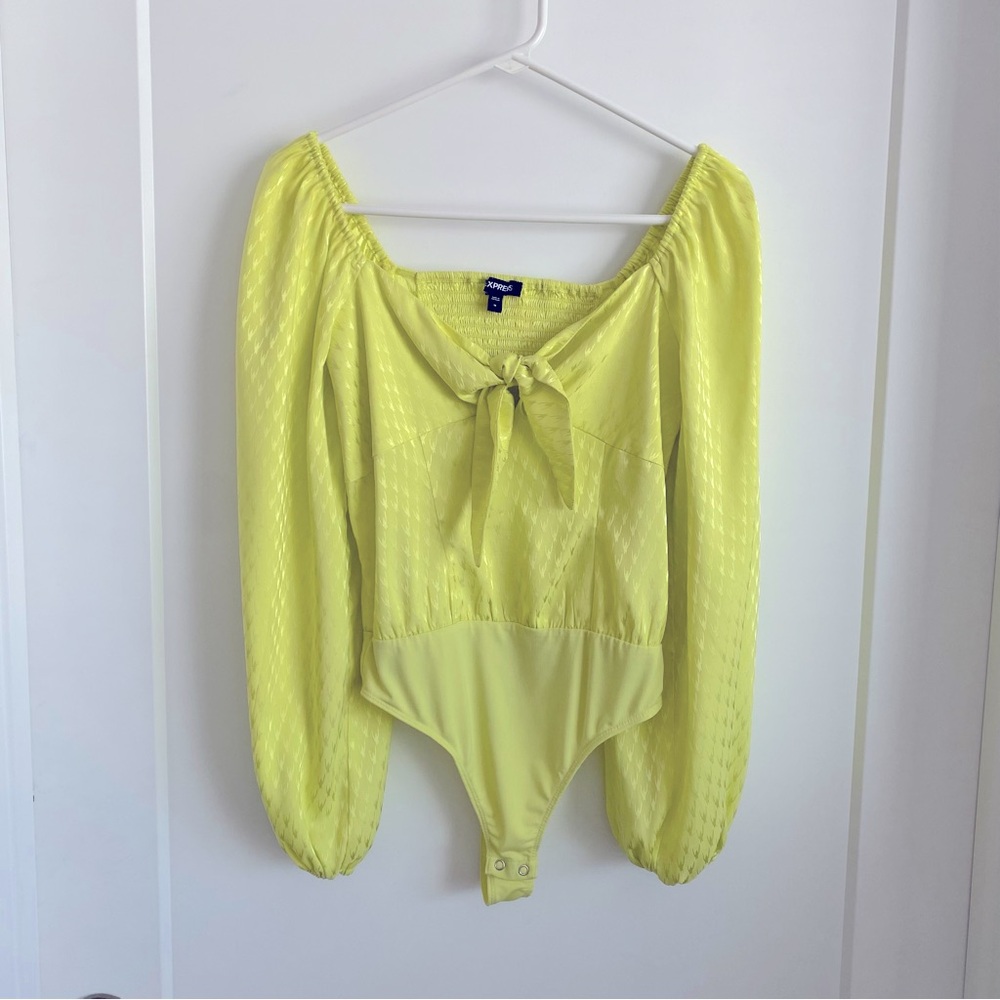 Express Medium Green Yellow Long Sleeve Blouse Bodysuit